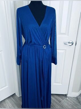 💙 Blue Glitter Fantasy Gown Long Maxi Dress w Adjustable RhinestoneBelt Size 14